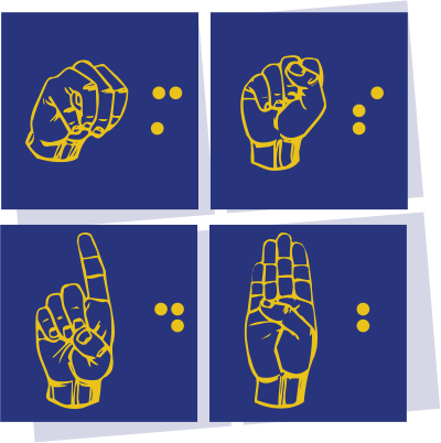 Visual 1 MSDB Logo 4 blue boxes featuring yellow fingerspelling and braille. Montana School for the Deaf and the Blind written next to the boxes.